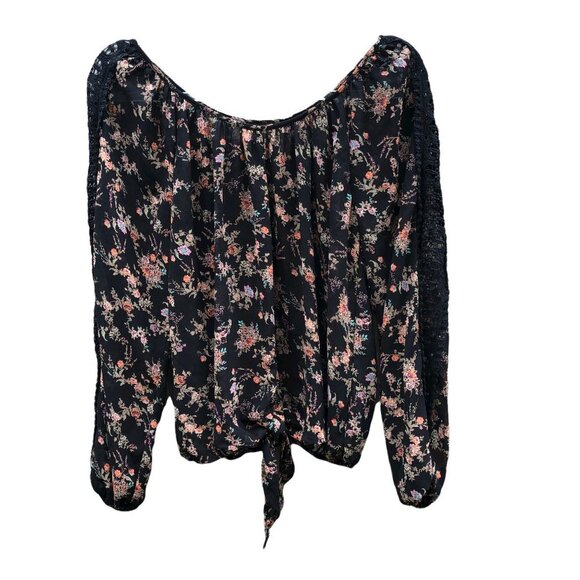 Sheer Floral Flowy Boho Crochet Long Sleeve Blouse - Picture 2 of 5